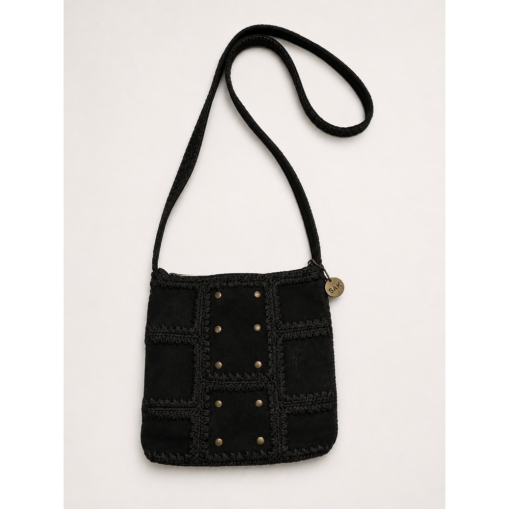 The Sak Black Suede Crochet Studded Crossbody Bag Boho Y2K